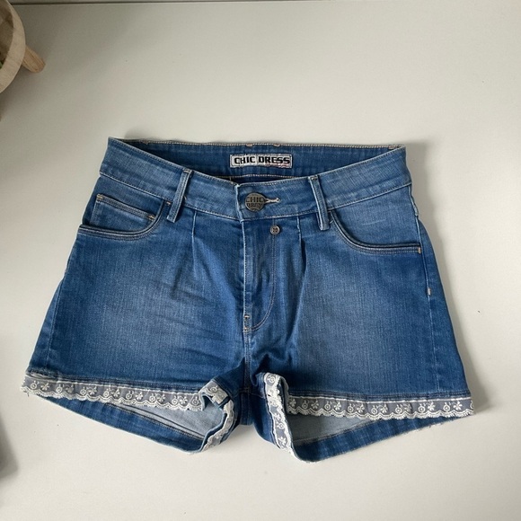 Denim Lace Trim Mini Shorts - Picture 2 of 7